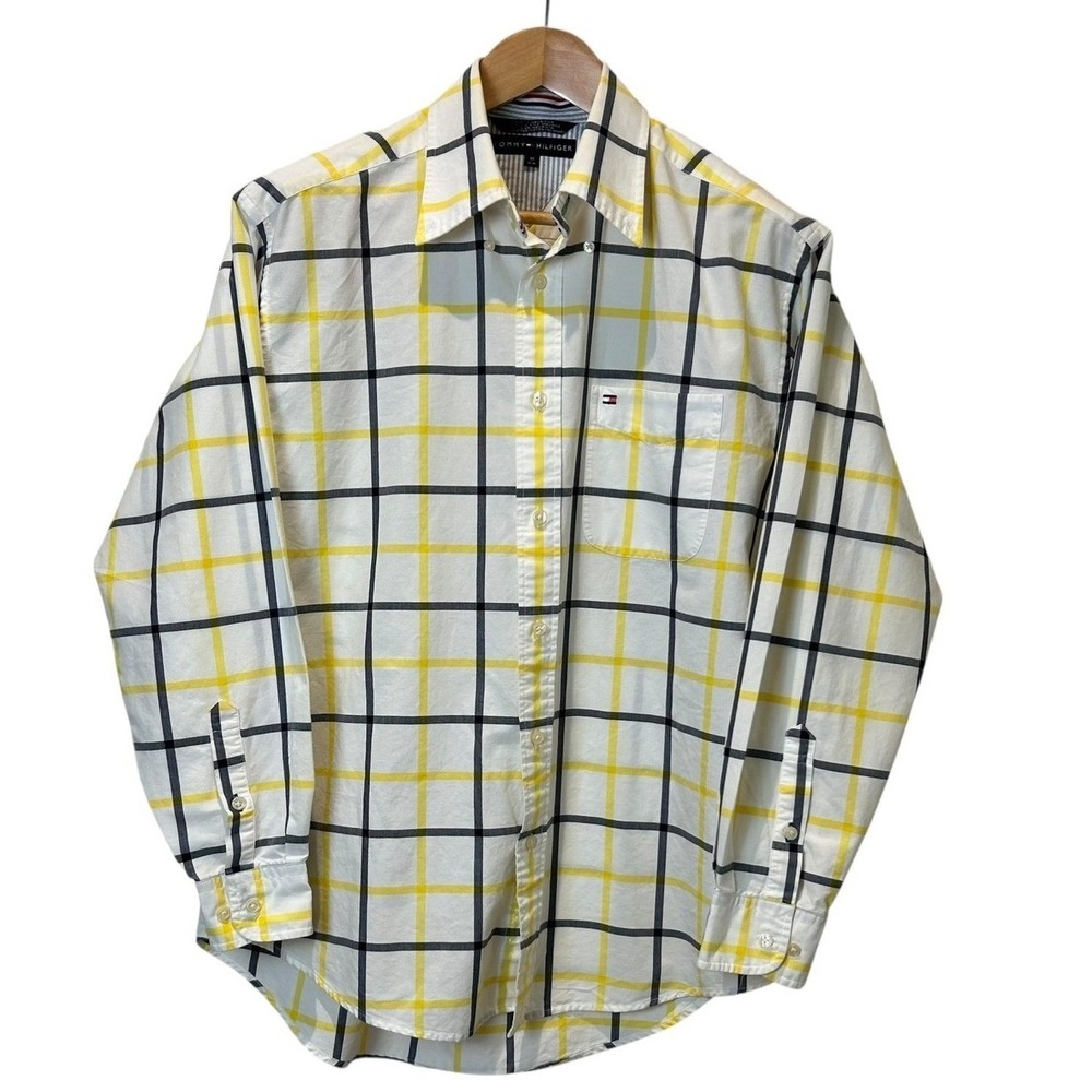 Vintage Tommy Hilfiger Mens M Button‎ Down Shirt Plaid Yellow Black White Cotton